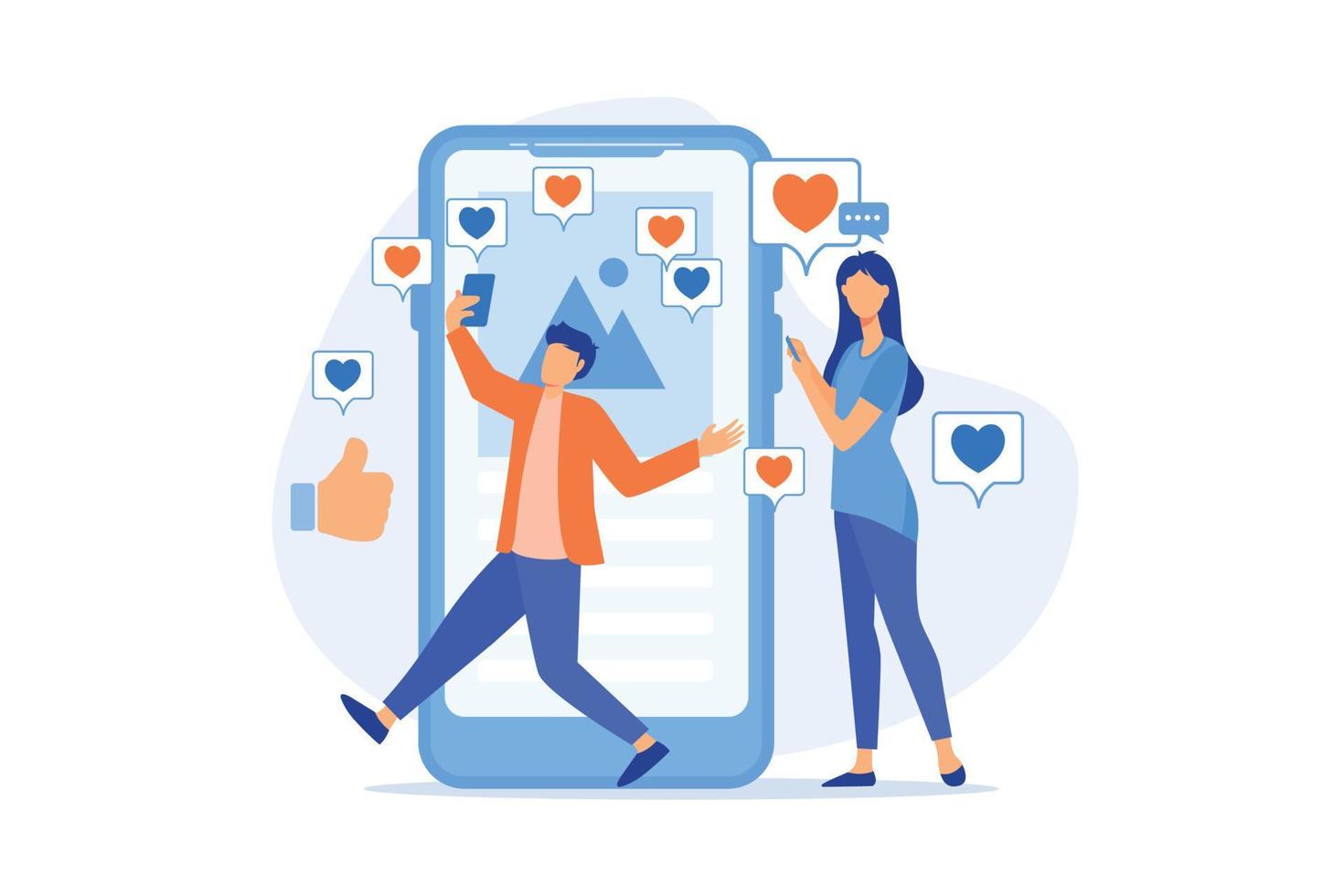 Likes addiction Addicted to likes, thumbs-up dependence, social media madness, selfie addiction, posting photos, self esteem problem flat design modern illustration vector