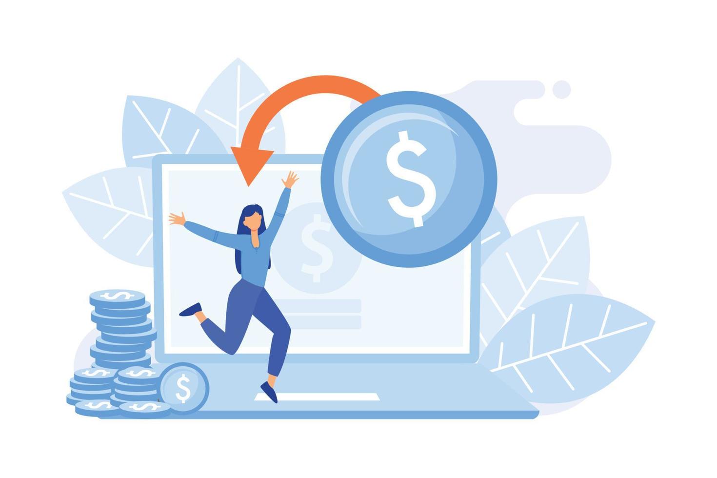 E shopping cartoon web icon. Online store, cashback service, money returning. Financial refund idea. Return on investment. Internet income. flat design modern illustration vector