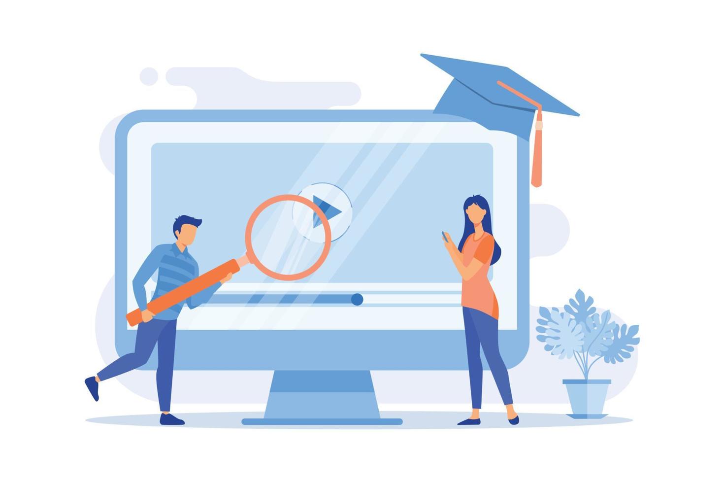 Internet lessons searching. Remote university, educational programs, online classes website. High school student with magnifying glass cartoon character. vector