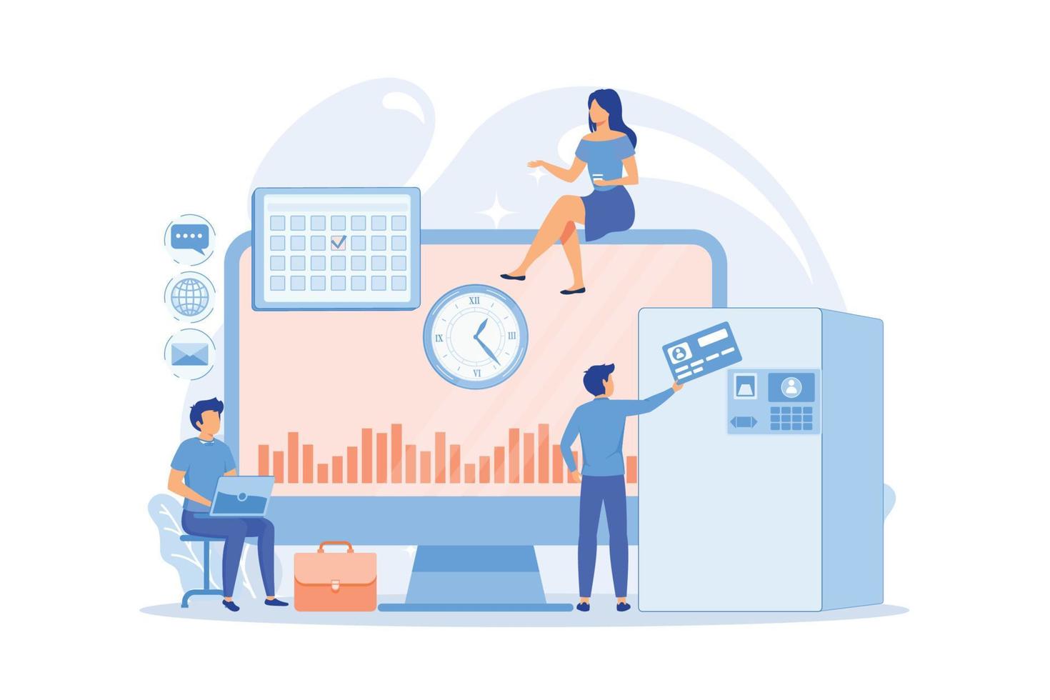 rendimiento del trabajo según lo previsto. disciplina del personal. sistema de seguimiento de tiempo y asistencia, ilustración de vector de seguimiento de tiempo de oficina