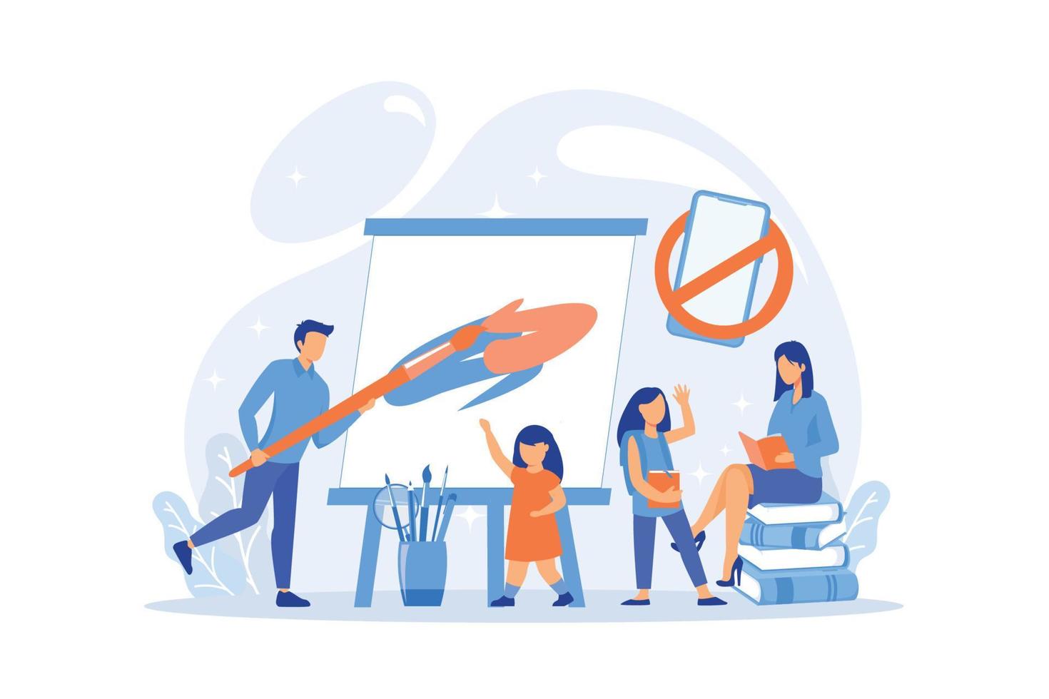 Tiny people parents paint and read books with children and no smartphone sign. Low tech parenting, tech-free kids vector illustration