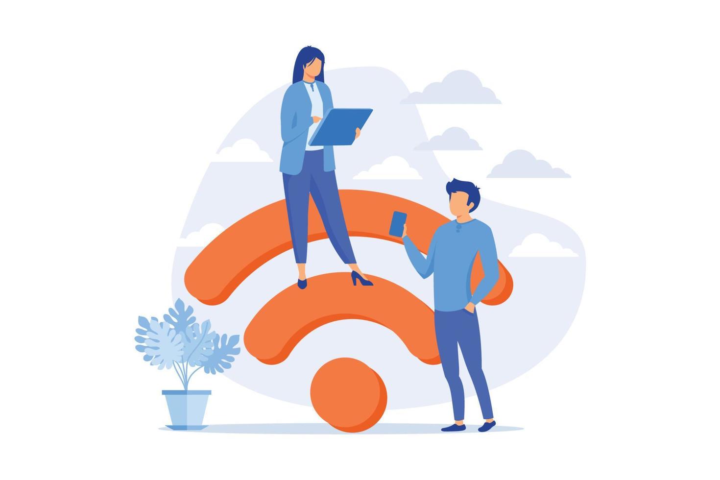 Public wi fi hotspot. Wireless technology, free signal zone, web connection. People surfing internet using portable gadgets, smartphone and laptop flat design modern illustration vector