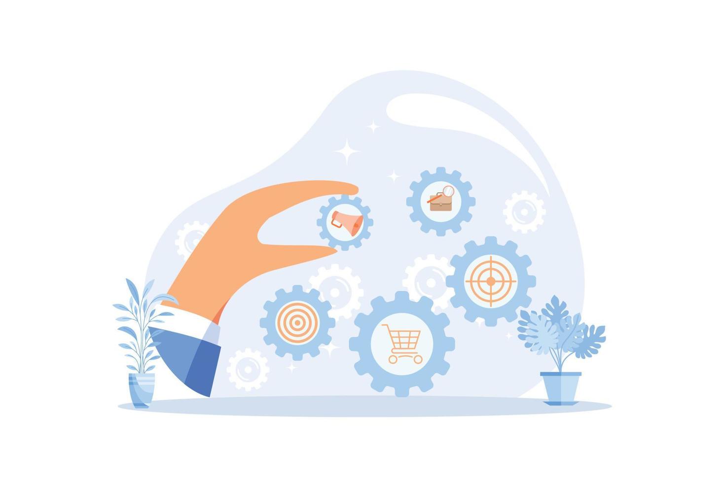 Asset management concept. Set mechanism cogwheels. Businessman is holding a gear in hand. flat vector modern design illustration