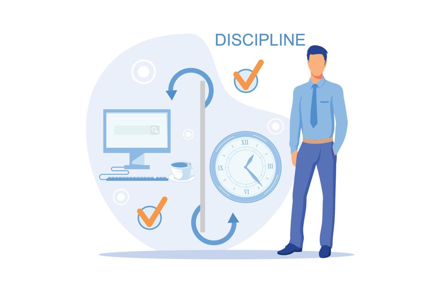 Discipline concept Working day idea metaphor. Daily affairs of person, Fulfillment of planned plans according to regulations flat vector modern design illustration