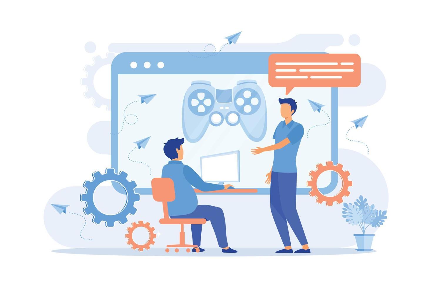 International business partners video conference. Web corporate meeting, webinar, online communication. Modern technologies, video chat. Vector illustration