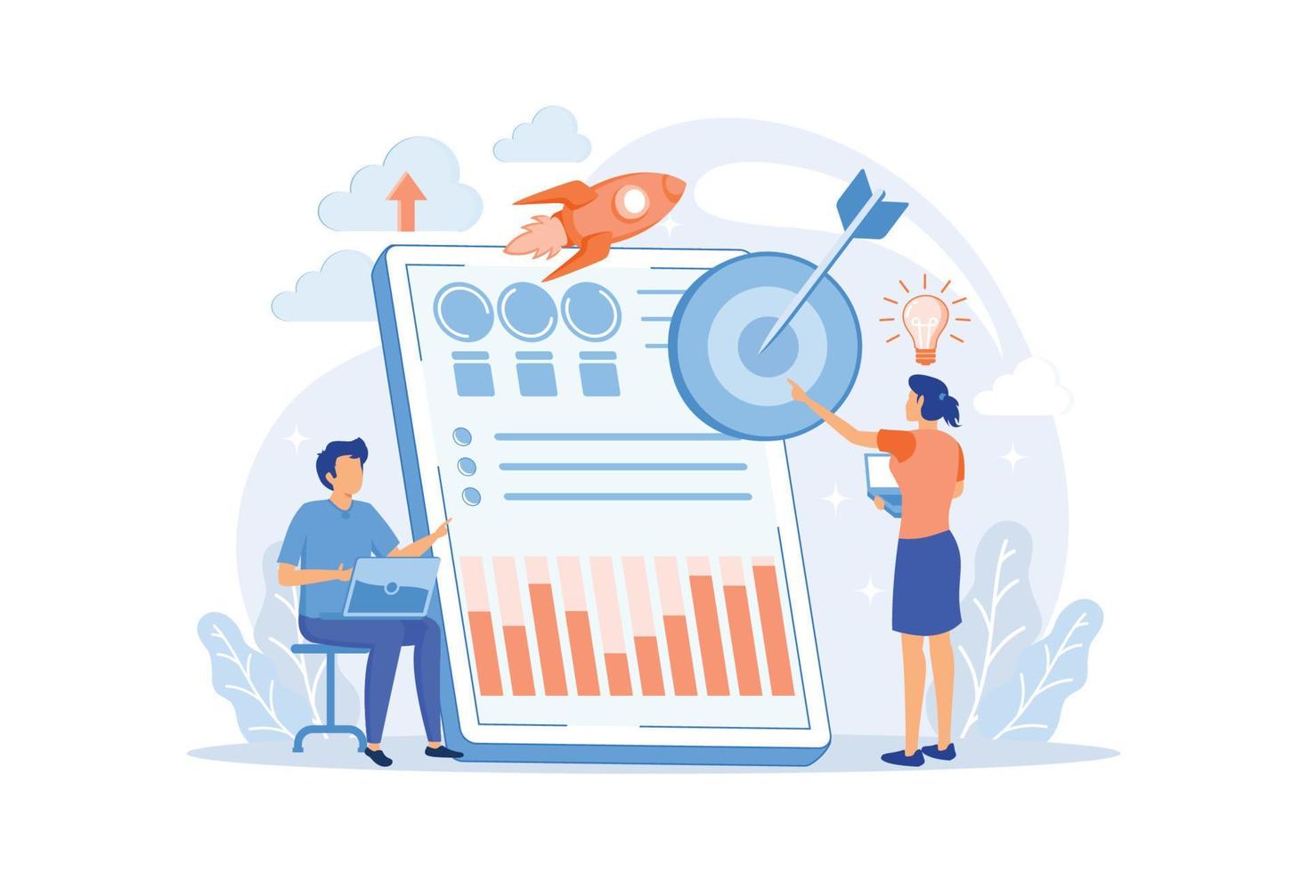 Tiny business analysts discussing ideas at laptop with data. Data initiative, occupation in metadata study vector illustration