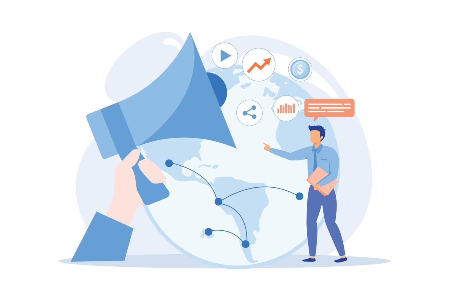 Macromarketing Social influence, global marketing strategy, consumer behavior, market regulation system reseach, social responsibility flat design modern illustration vector