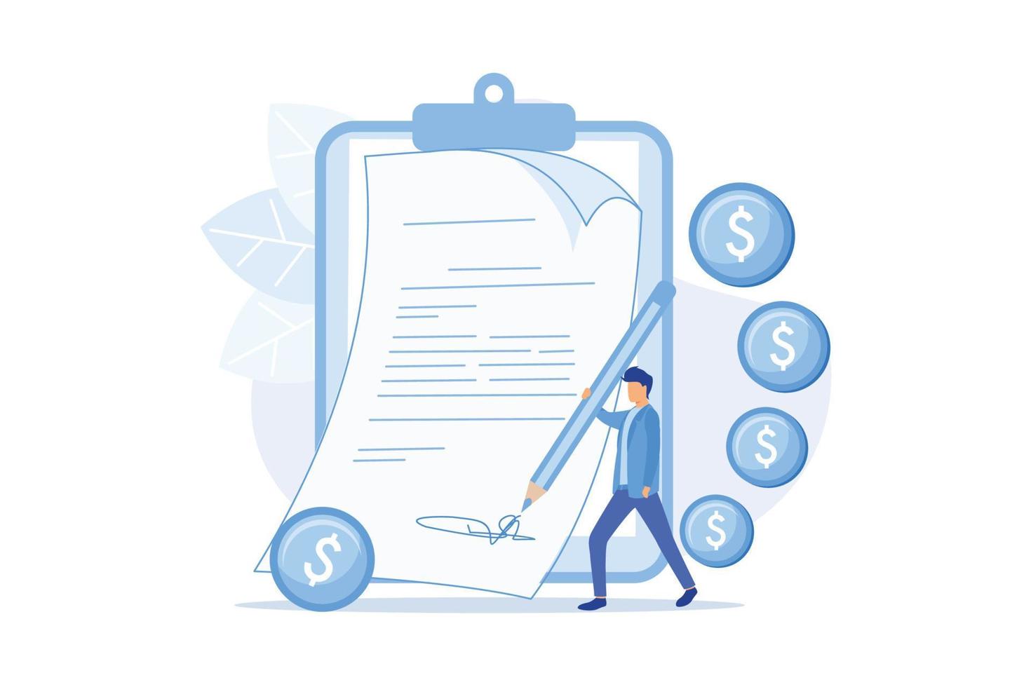 Man with pen writing signature on document. Licensing signing, pact arrangement, business agreement. Businessman making money deal cartoon character. Vector ILLUSTRATION