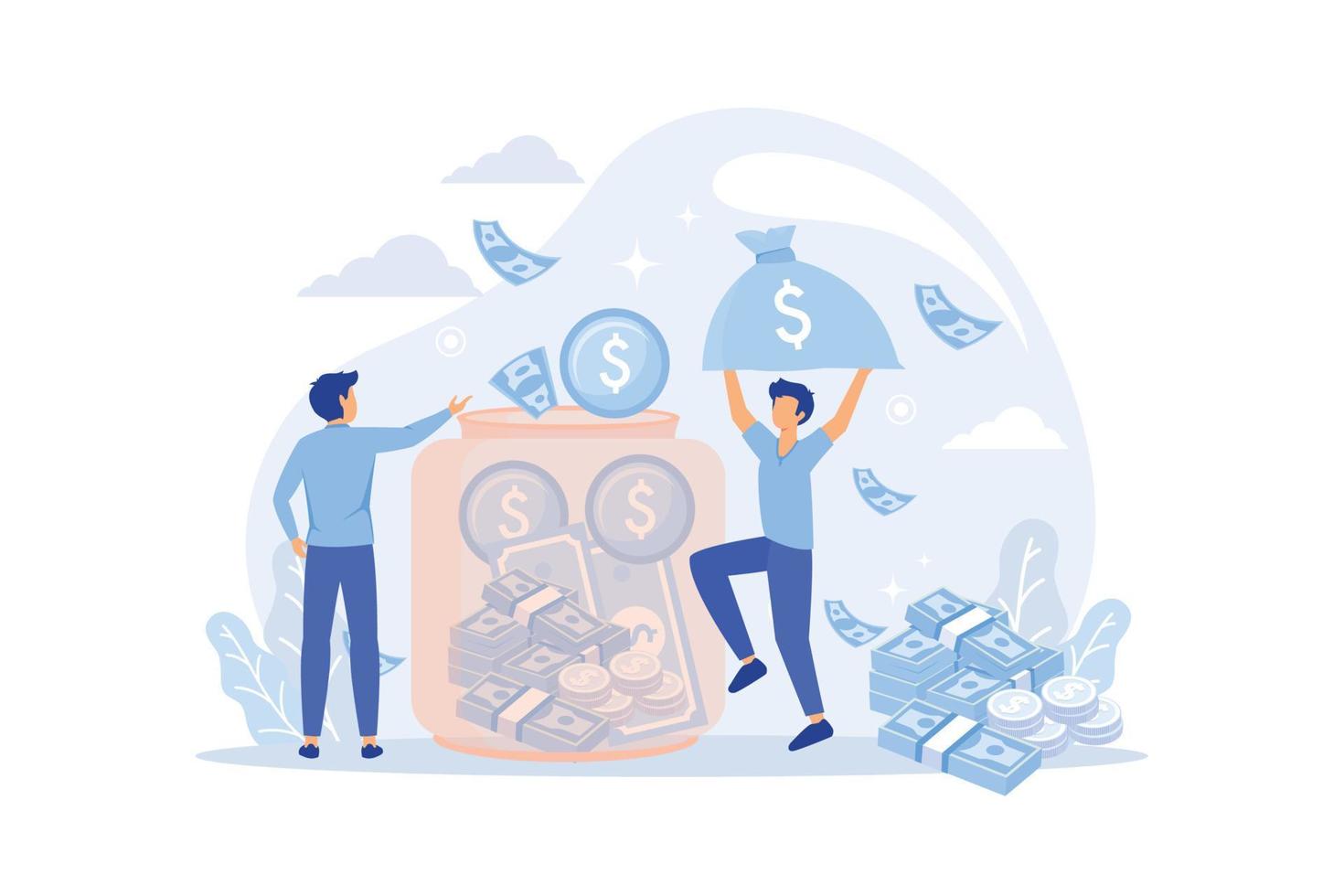 Saving account concept metaphor. People with coins and piggy bank. Accumulation of funds, wealth, passive income. safe future. Banking services, internet payment  flat vector modern illustration
