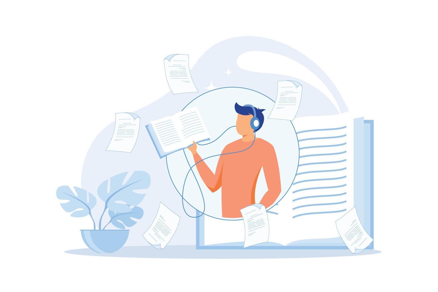 Online library flat background with young people listening audio books using smartphones and headphones modern flat illustration vector