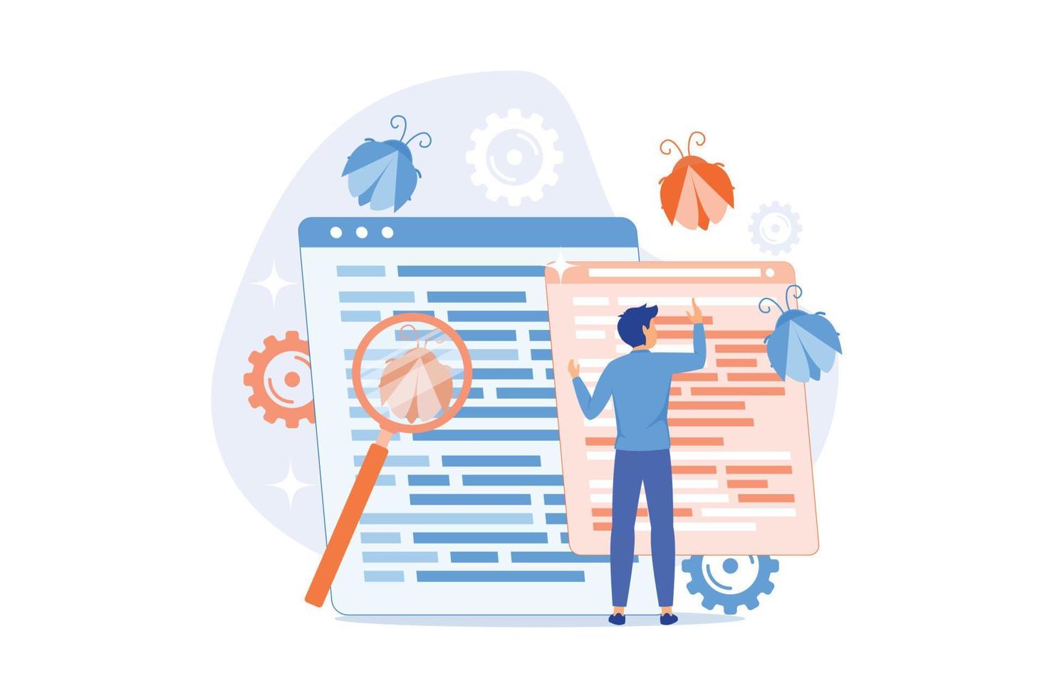 Debugging firewall. Antivirus scanning. Malware fixing. Virus attack, trojan search, bugs detection. System protection. Threat diagnostic. Crash tester. flat design modern illustration vector