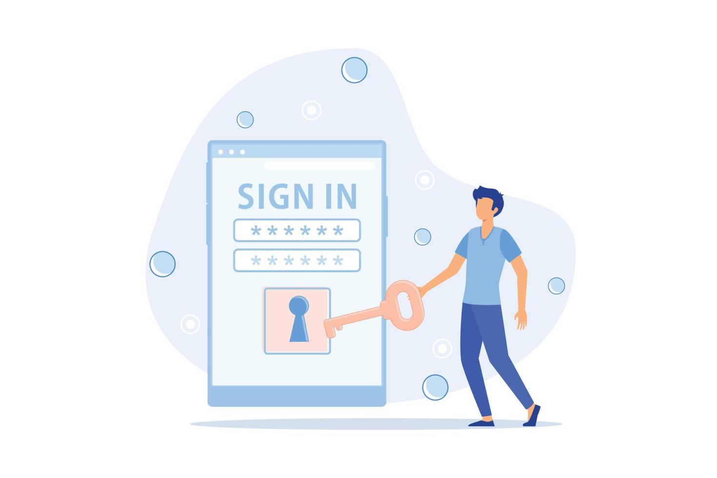 Online registration and sign up concept. Young man signing up or login to online account on smartphone app. User interface. Secure login and password. vector