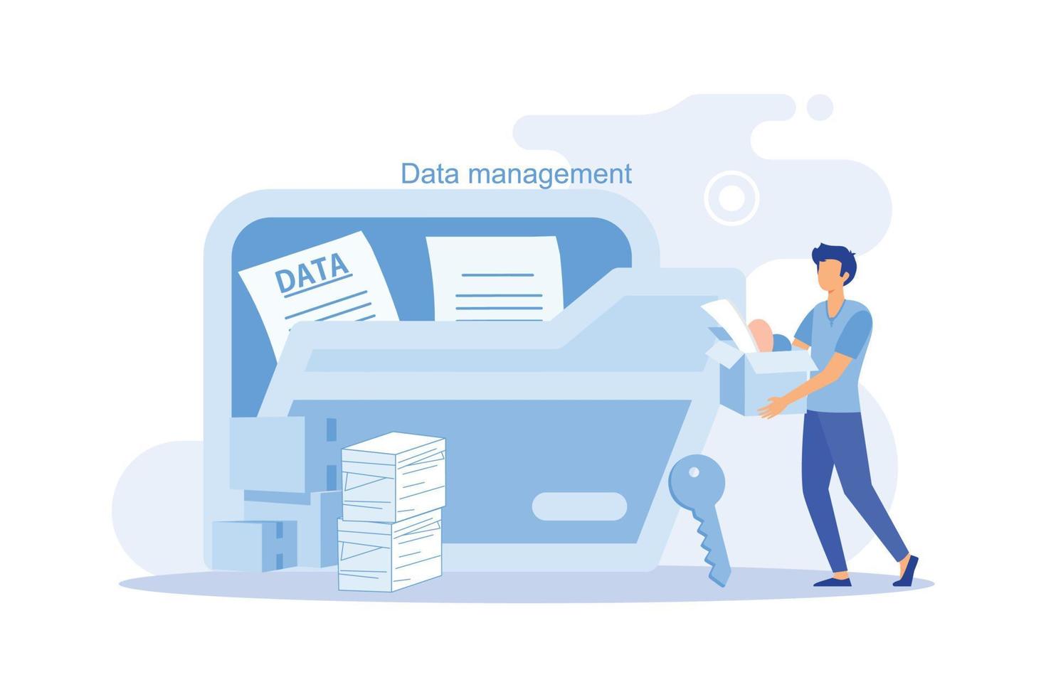 Male worker add files to big folder. Storage and indexing of information. Businessman holds magnifying glass. User and data archive. Database, searching info. vector