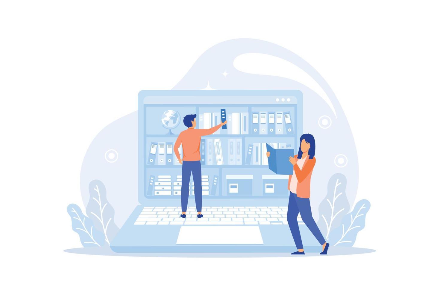 People in virtual e-library website landing page template layout flat vector illustration. Digital bookshelves, online reading, book store, literature university concept. modern flat illustration
