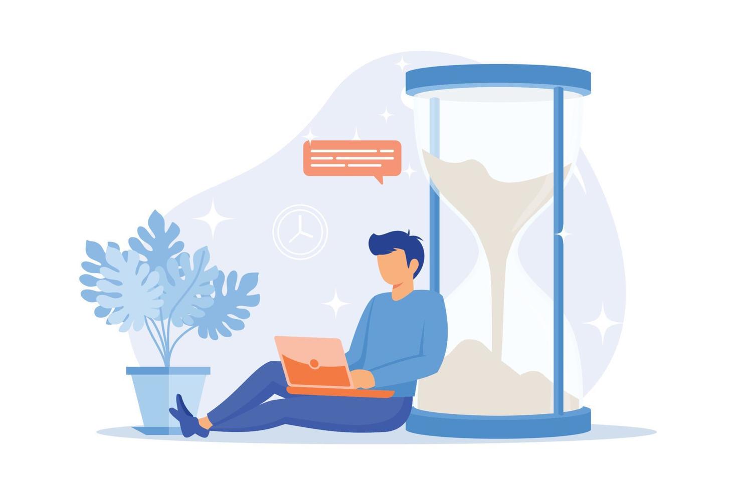 Man working with laptop Freelancer using computer. Freelance business, remote job, distant work. Time managementt. Home office. flat design modern illustration vector