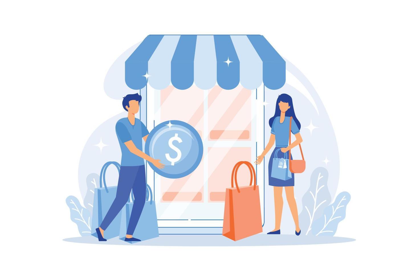 clientes de personas diminutas con bolsas de compras en línea con teléfonos inteligentes. mercado basado en dispositivos móviles, ilustración de vector de aplicación de tienda electrónica móvil