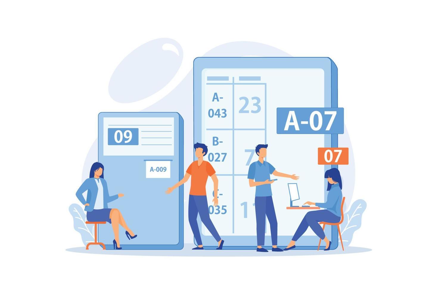 Waiting room with ticket system. Customer management method. Electronic queuing system, electronic queue management vector illustration