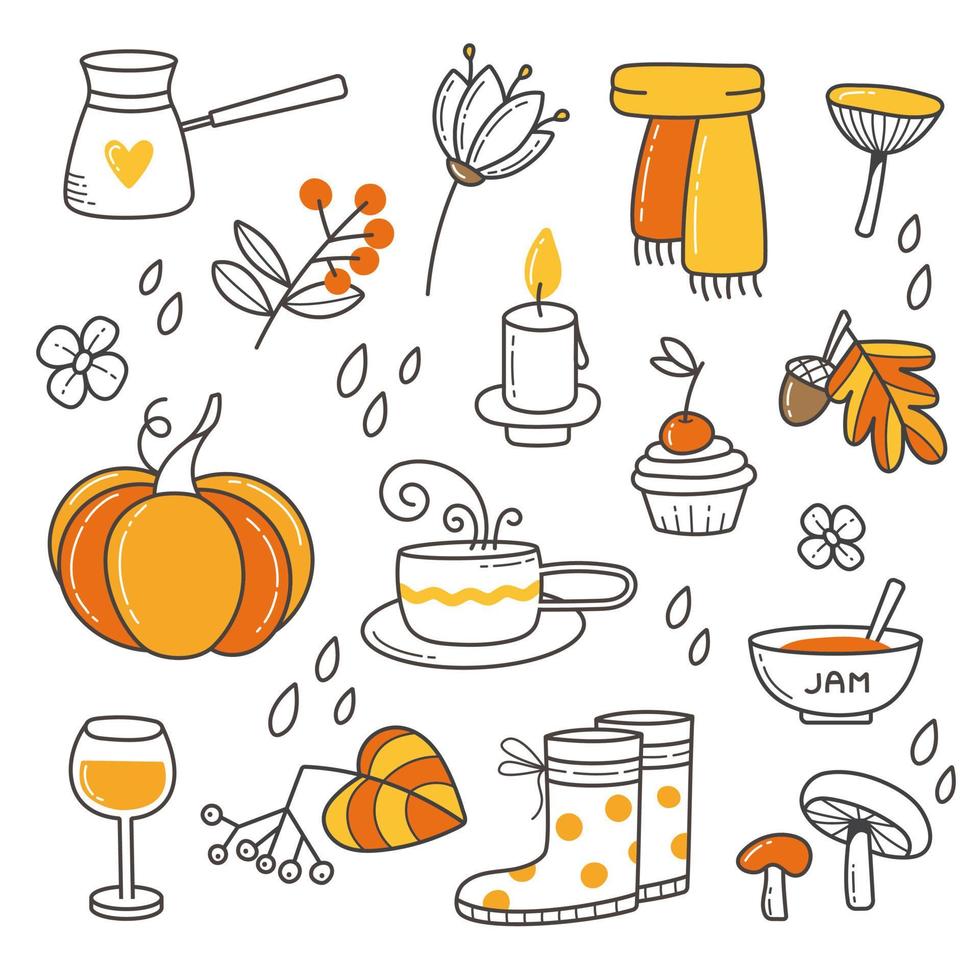 Autumn set in doodle style. Authentic line art hand drawn icons on a white background. Autumn in abstract style. Vector template.