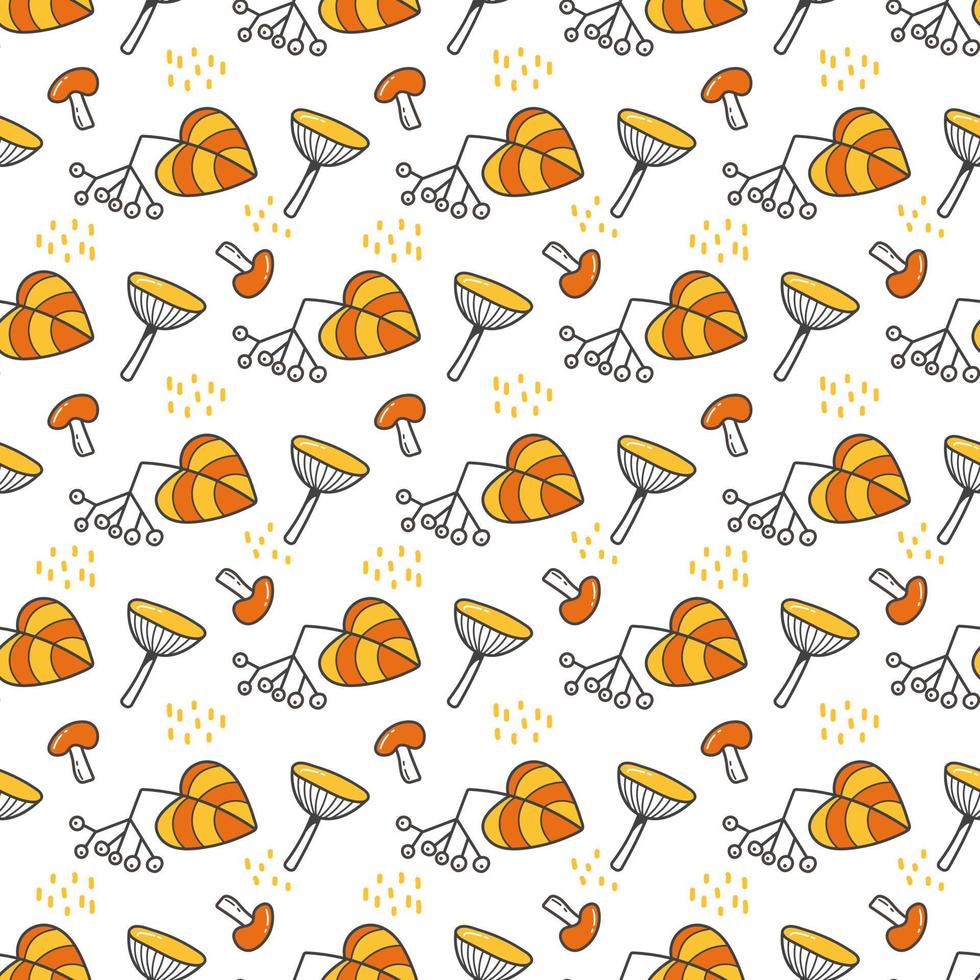 Seamless autumn pattern with the image of a mushrooms and a berries on a white background. Abstract geometric texture. Cute style for the design of gift packages and textiles. vector