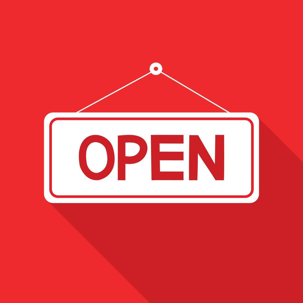 Open sign icon with long shadow on red background. vector