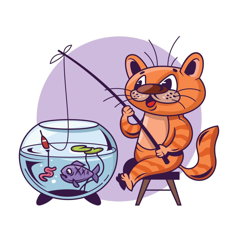 Cat catching fish from aquarium with bait. vector