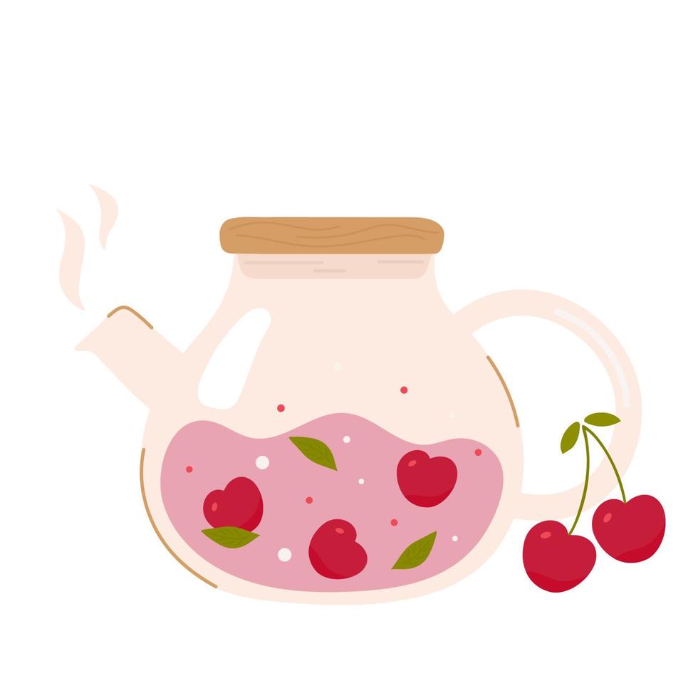 Vector illustration of glass teapot with cherry on white background. Tea shop, cafe bar menu, tea party, beverages concept, tea package. Poster, banner, card, cover, menu, postcard