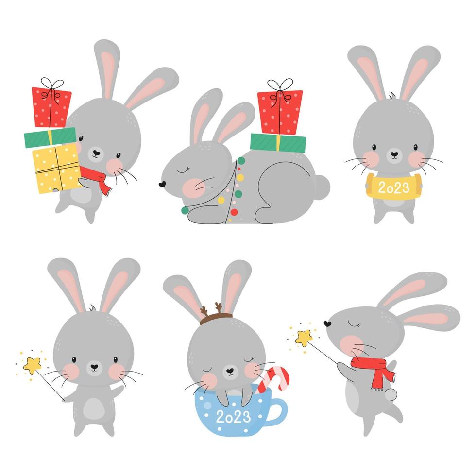 conjunto de conejitos lindos divertidos de navidad con regalos y con una varita mágica. personaje de dibujos animados de vacaciones de conejo animal. Decoración navideña. garabato linda liebre en vector. tarjeta de felicitación, pegatina, impresión vector