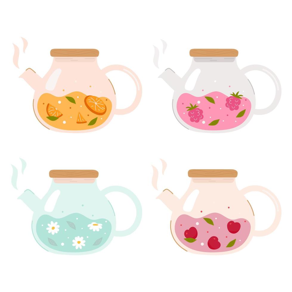 Set of glass teapots with different flavors, herbal, berry and fruit tea. Tea shop, cafe bar menu, tea party, tea package. Poster, banner, card, cover, menu, postcard. Vector illustration