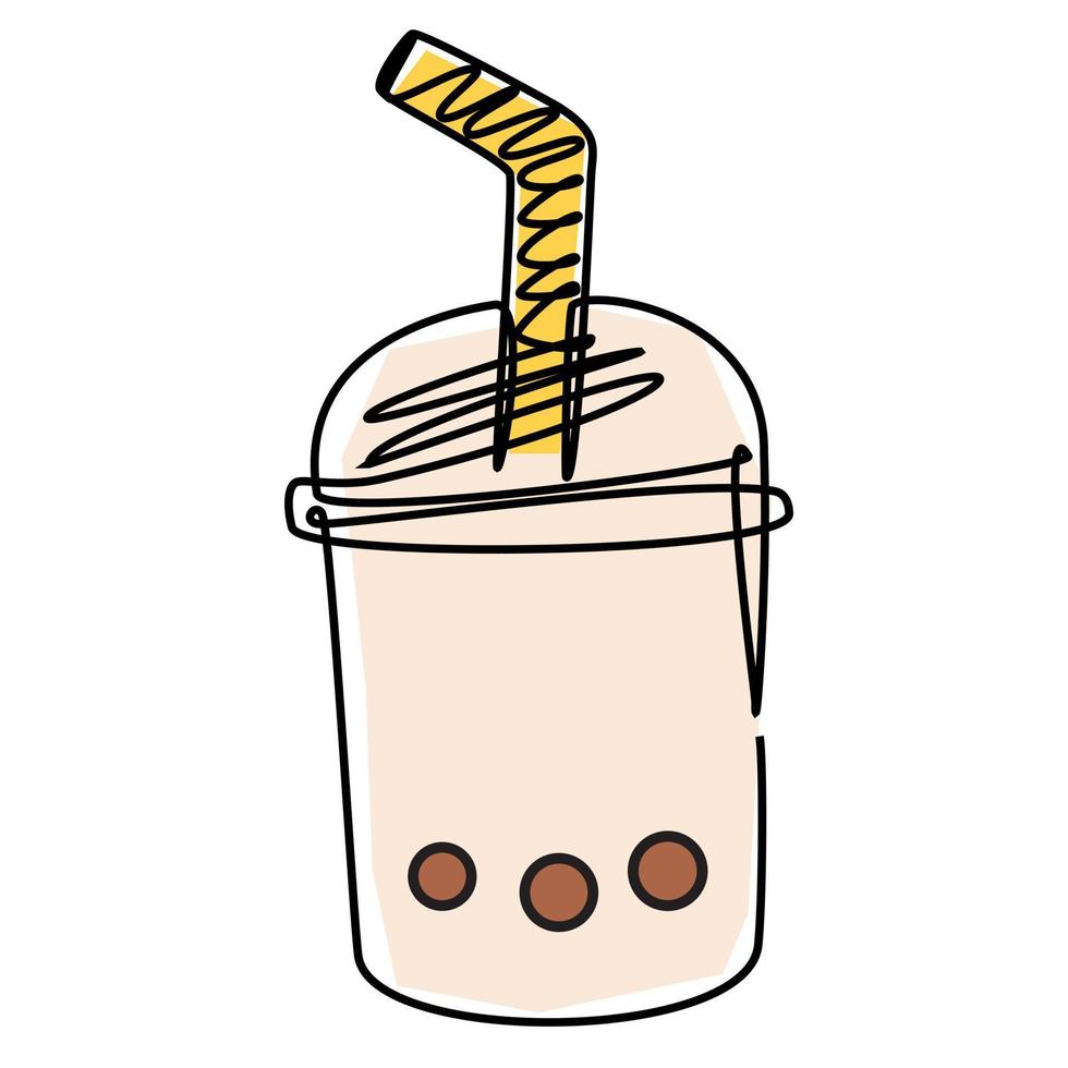 Single line drawing of a cup of boba drink . Simple flat color doodle style design for food and beverage concept vector