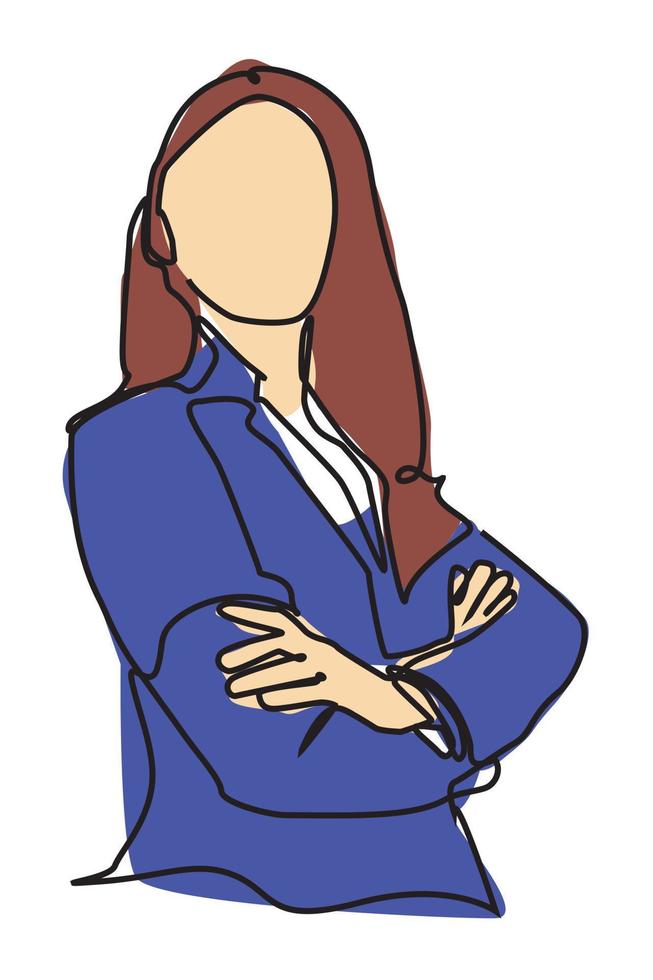 Businesswoman standing with confidence pose. Simple flat color single line drawing vector illustration for business and finance concept.