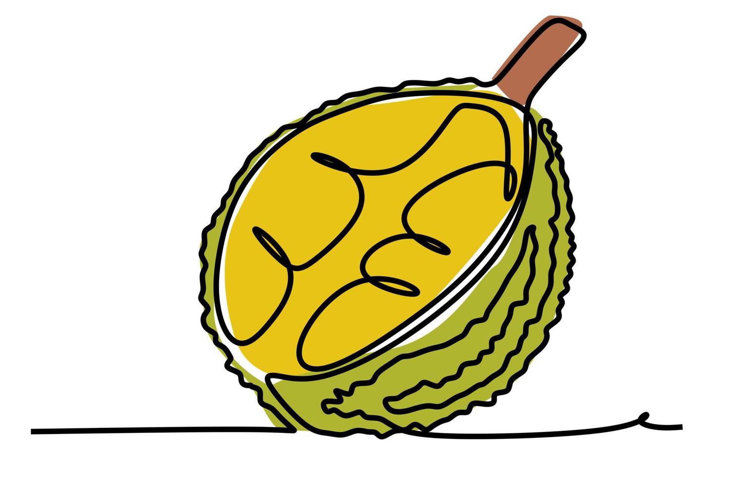 One continuous line drawing of yellow tropical durian fruits. Simple flat color hand drawn style vector illustration for natural and healthy living concept
