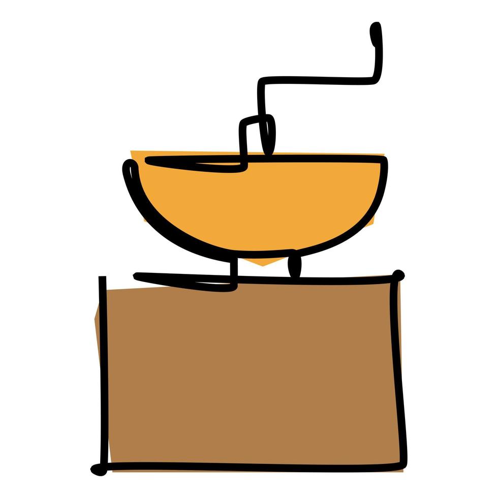 Single line drawing of a manual coffee grinder . Simple flat color doodle style design for food and beverage concept vector