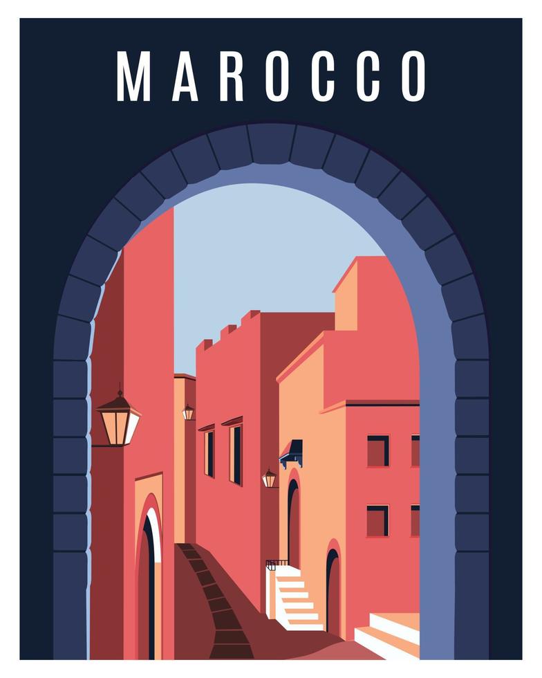 cartel de viaje de marruecos. paisaje de ciudad con casas. ilustración de vector plano con estilo minimalista.