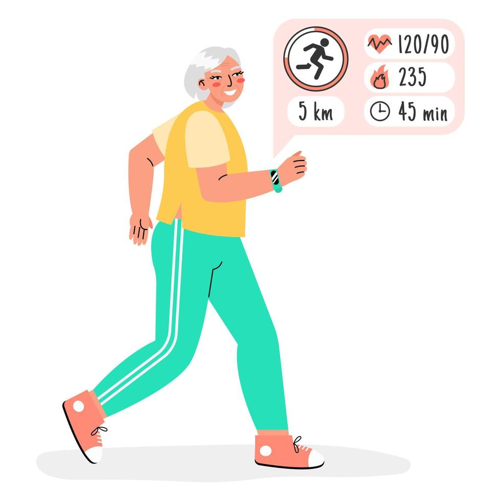 anciana corriendo con un rastreador de fitness aislado en un fondo blanco. reloj inteligente para el concepto de personas mayores. vejez activa. vector