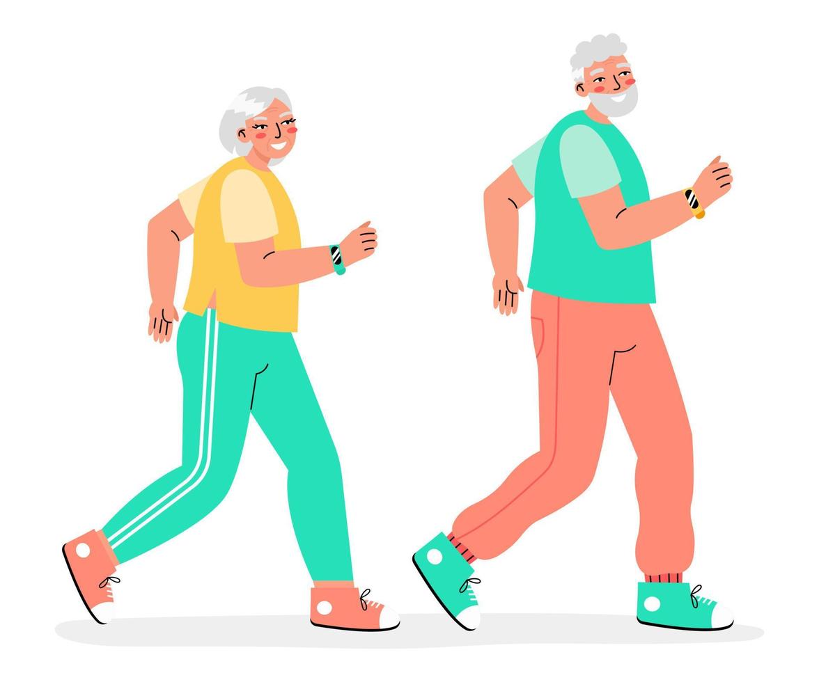 Joyful positive old couple running with fitness tracker isolated on a white background. Smart Watch for senior people concept. Active old age. vector