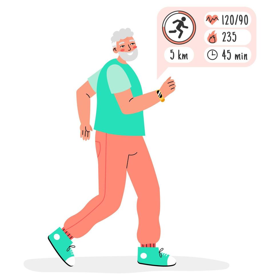 anciano corriendo con un rastreador de fitness aislado en un fondo blanco. reloj inteligente para el concepto de personas mayores. vejez activa. vector