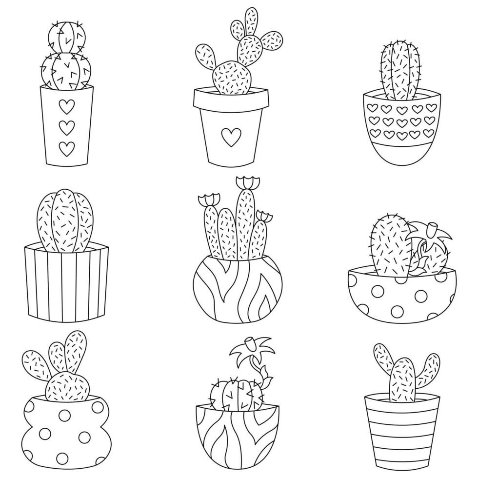 Set of cactuses in pots. Line art icons. vector