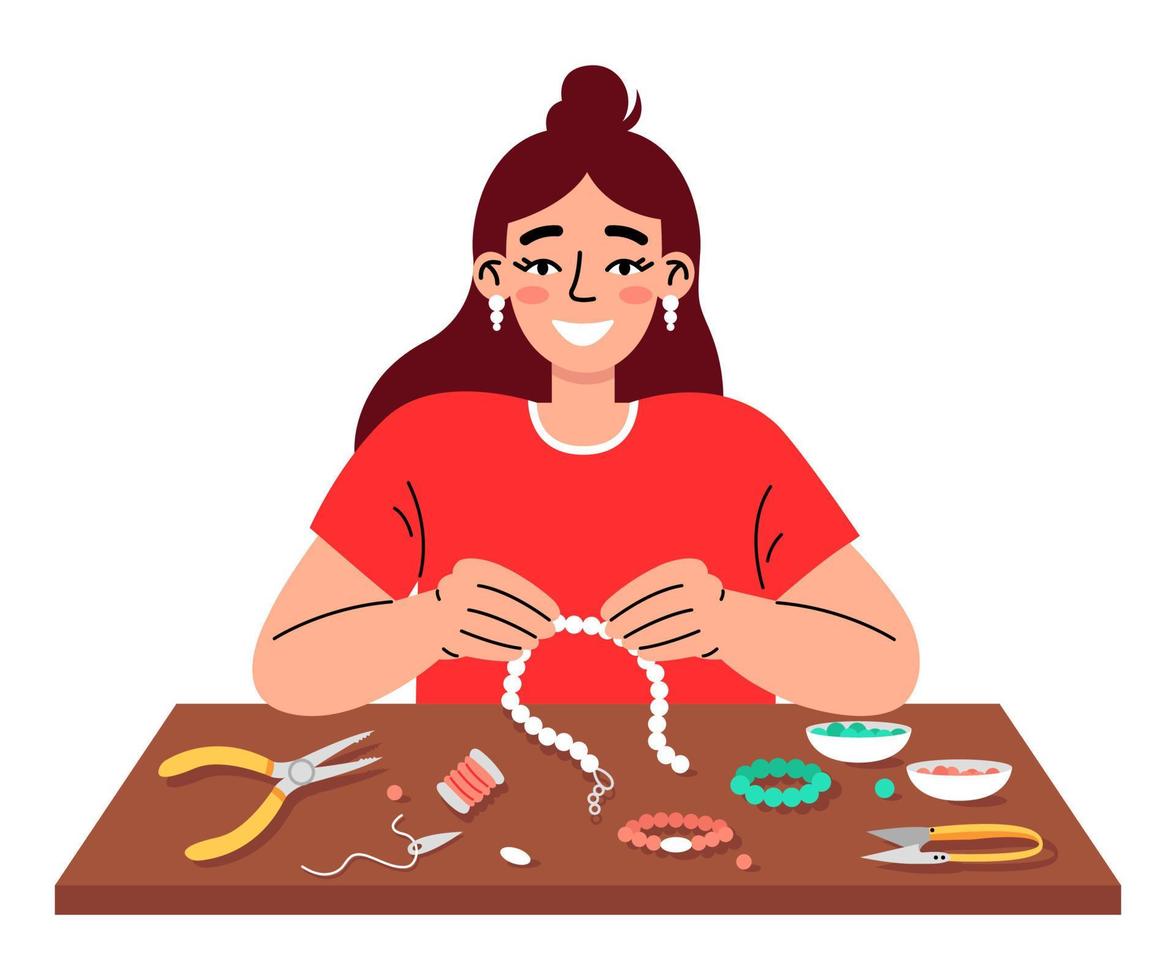 mujer joven haciendo joyas de perlas. hobby artesanal hecho a mano. concepto de abalorios. vector