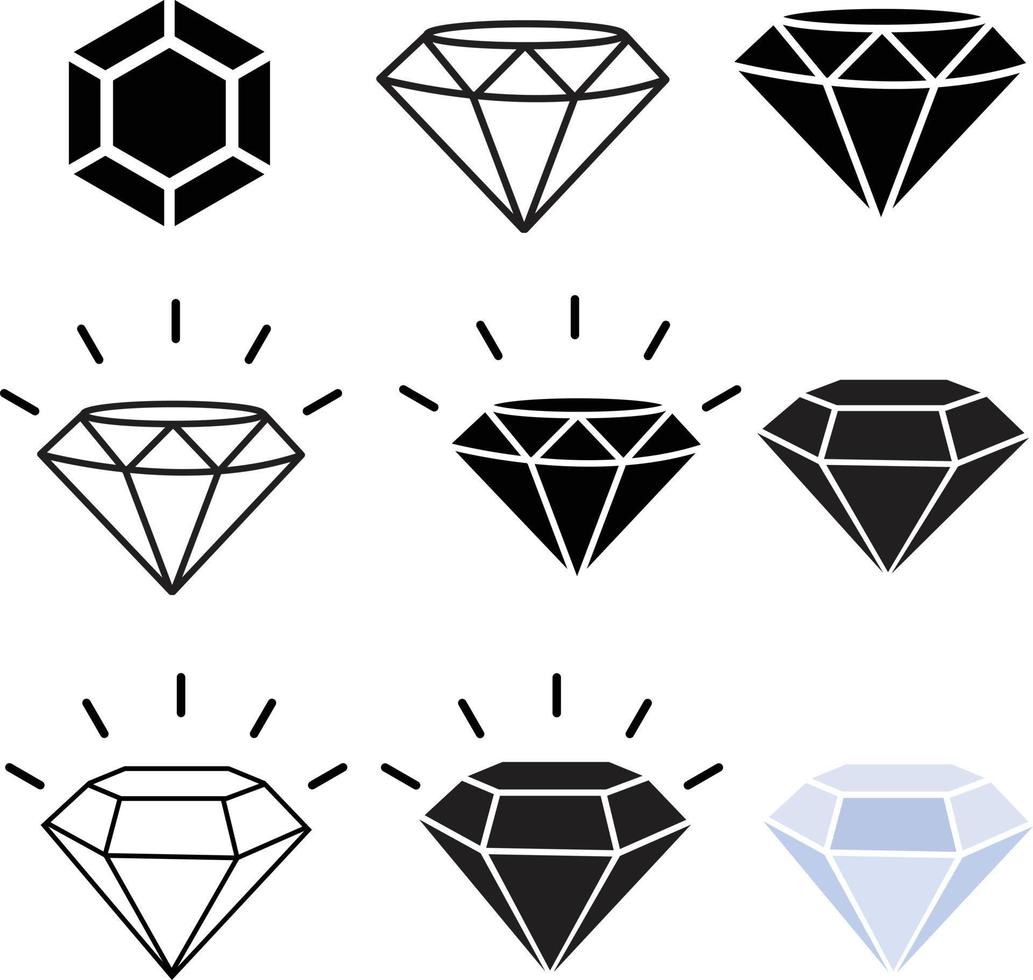 Diamond icon set on white background. black diamond sign. Diamond logo. jewelry gemstones symbol. Blue crystals. flat style. vector