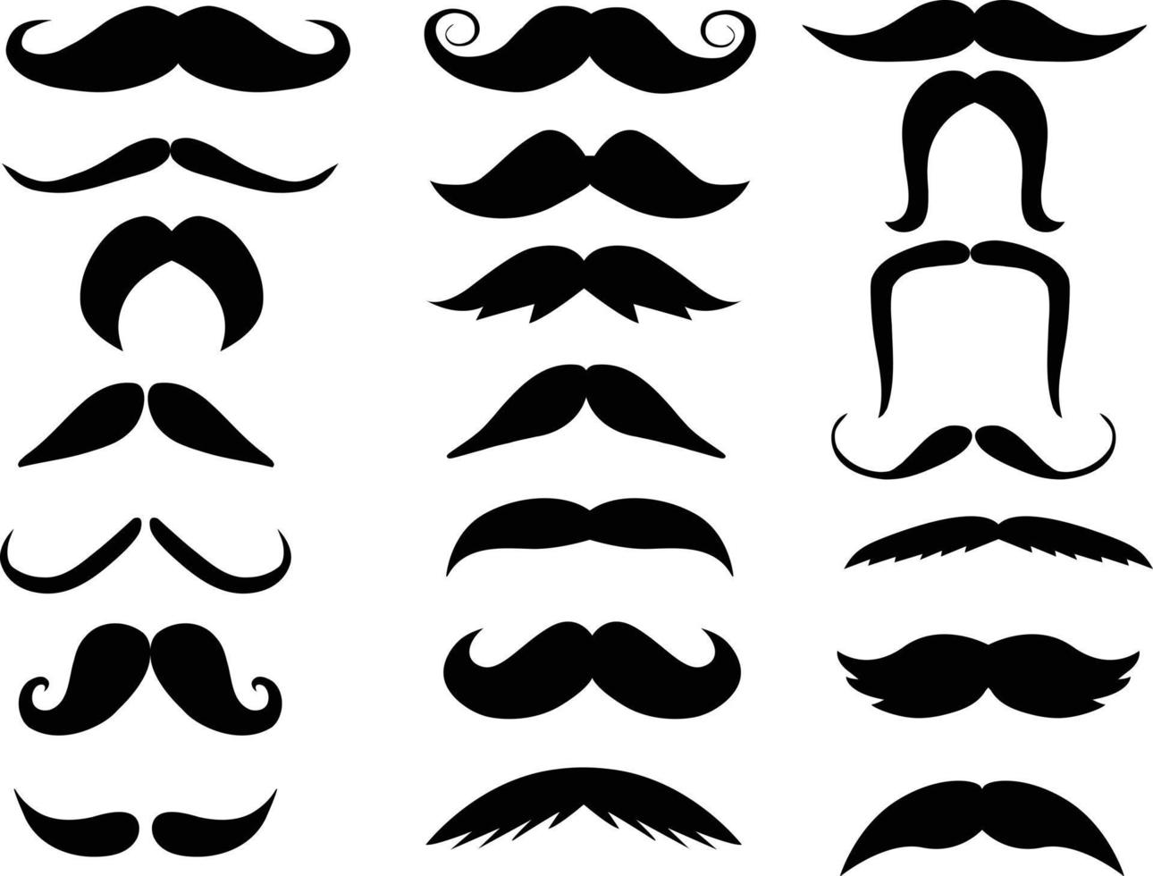 siluetas negras de icono de bigote sobre fondo blanco. signo facial de barbería. conjunto de símbolos de bigote. signo de bigotes. estilo plano vector