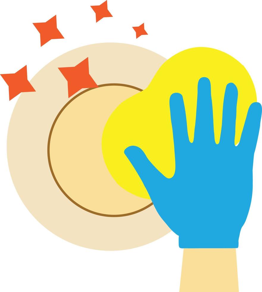 plato y esponja en el icono de la mano. concepto de lavavajillas. mano en guantes con símbolo de placa de lavado de esponja. estilo plano vector