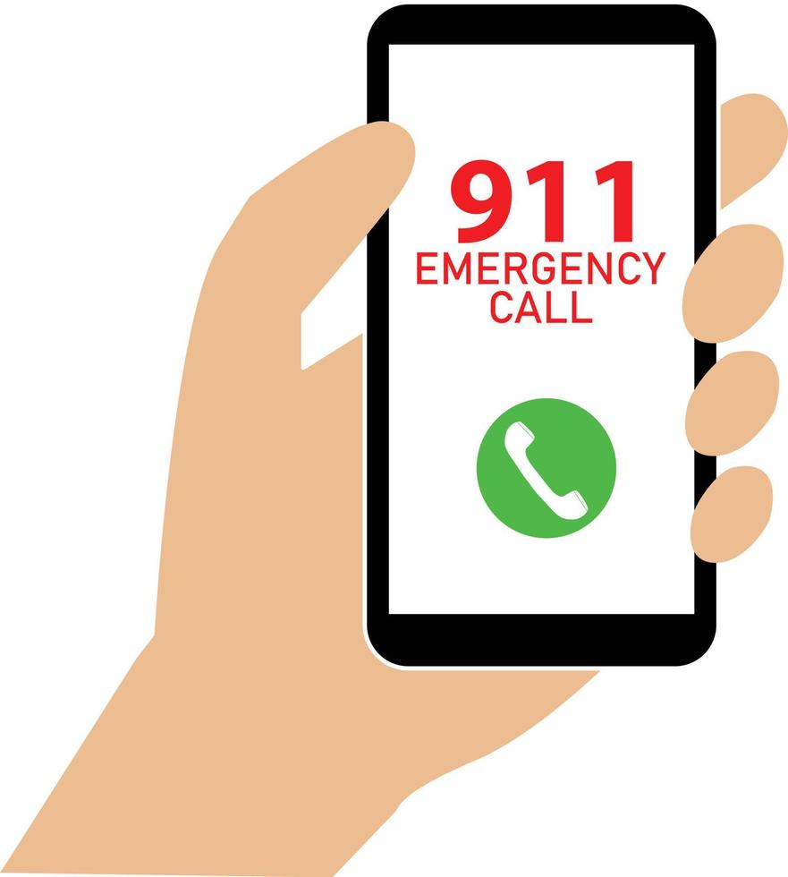una mano marca el número 911 en el teléfono. Señal de llamada al 911. símbolo de primeros auxilios. estilo plano vector
