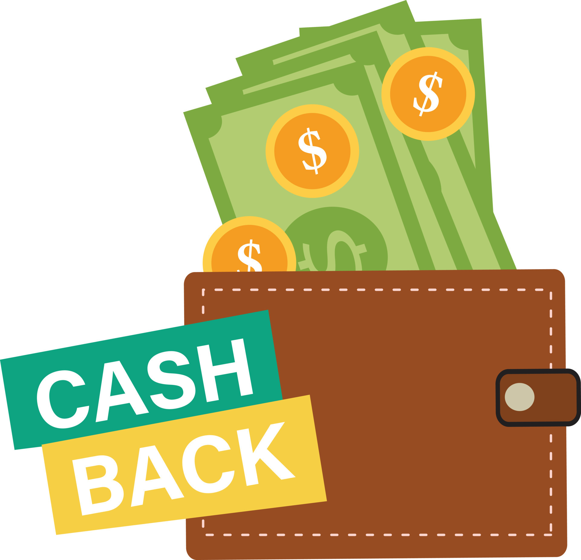 cash back wallet with golden coins and green paper money. cash back in