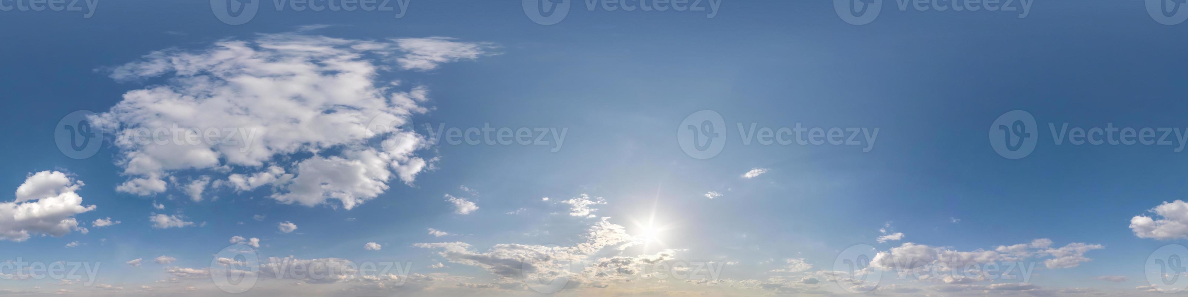clear blue sky with white beautiful clouds. Seamless hdri panorama 360 degrees angle view  with zenith for use in 3d graphics or game development as sky dome or edit drone shot photo