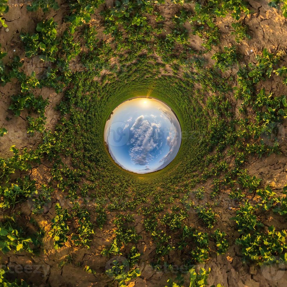 blue sky ball in middle of swirling field. Inversion of tiny planet transformation of spherical panorama 360 degrees. Curvature of space. photo