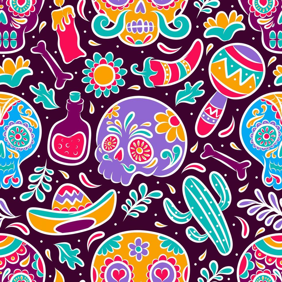 calavera de azúcar dibujada a mano colorido patten inconsútil vector