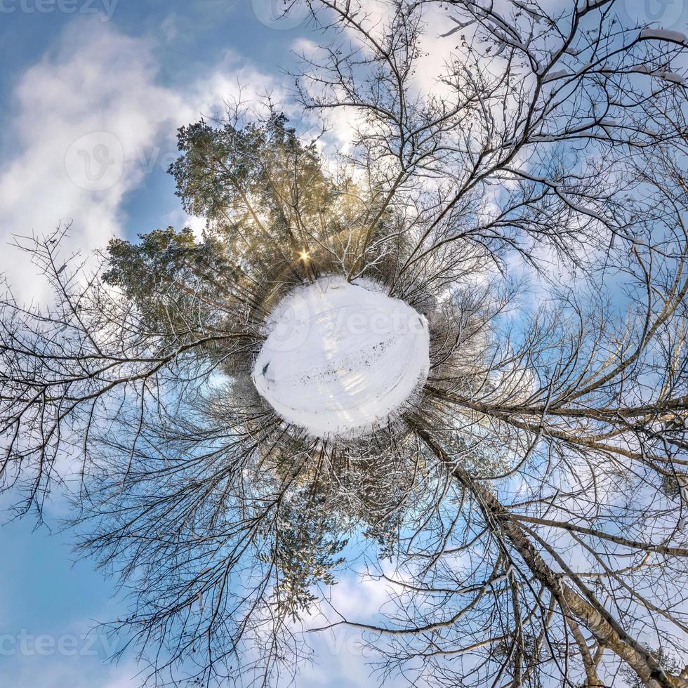 Winter tiny planet in snow covered forest in blue sky. transformation of spherical panorama 360 degrees. Spherical abstract aerial view in forest. Curvature of space. photo