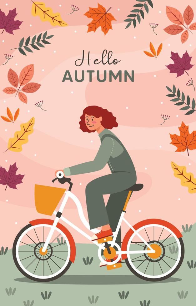 The Girl Is Cycling In Autumn vector