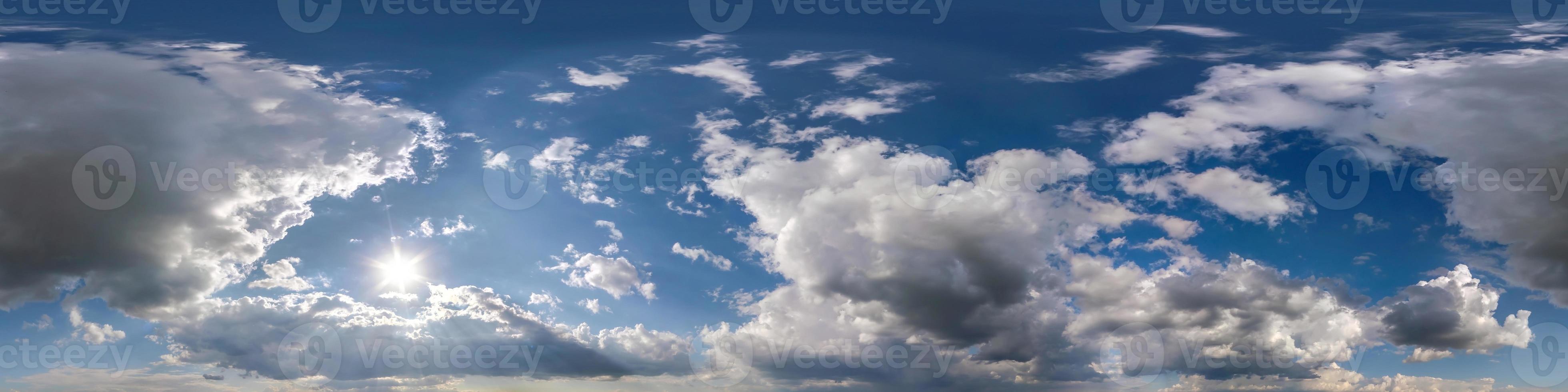 blue sky hdri 360 panorama with gray beautiful clouds in seamless projection with zenith for use in 3d graphics or game development as sky dome or edit drone shot for sky replacement photo