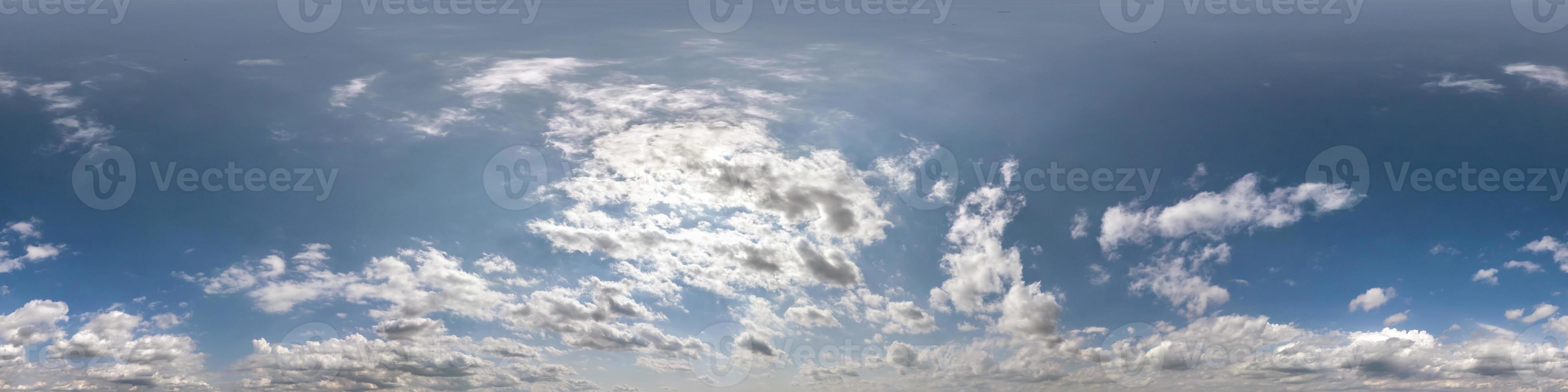 Seamless blue sky hdri panorama 360 degrees angle view with zenith and beautiful clouds for use in 3d graphics as sky dome or edit drone shot photo